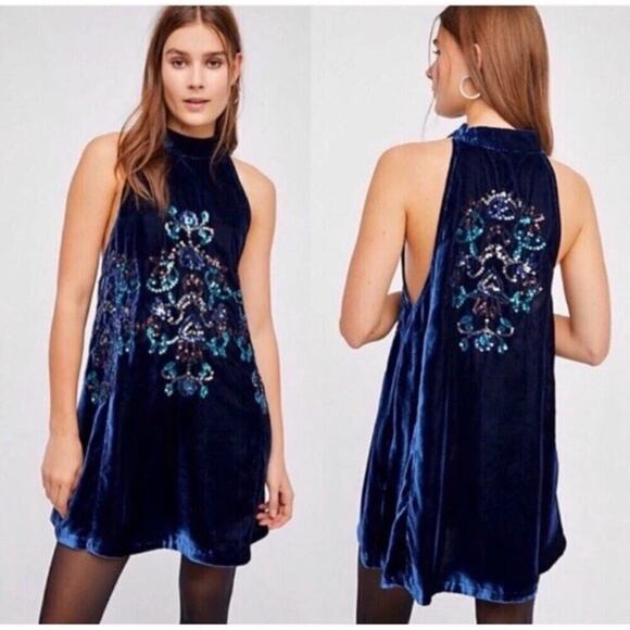 FREE PEOPLE Blue Jill's Sequin Velvet Halter Swing Mini Dress Sz S Skull Pattern - Picture 1 of 10